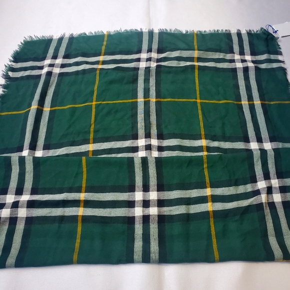 NWT$490 BURBERRY Giant Check Logo Pattern Fringed Trim Green Wool Twill Scarf - Picture 11 of 16